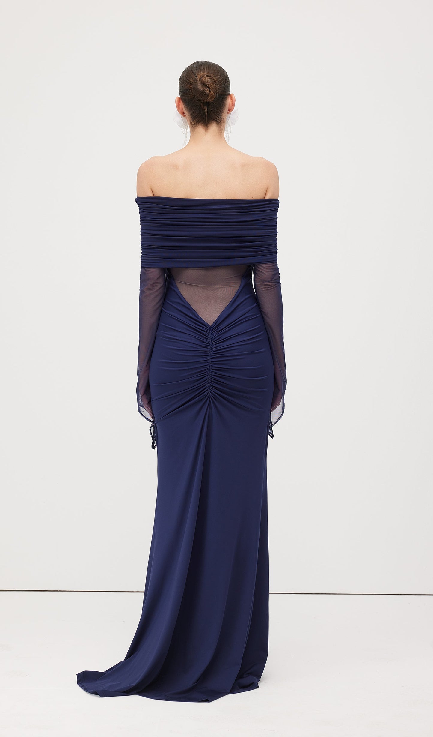 One Shoulder Slinky Ruched Maxi Dress-Blue