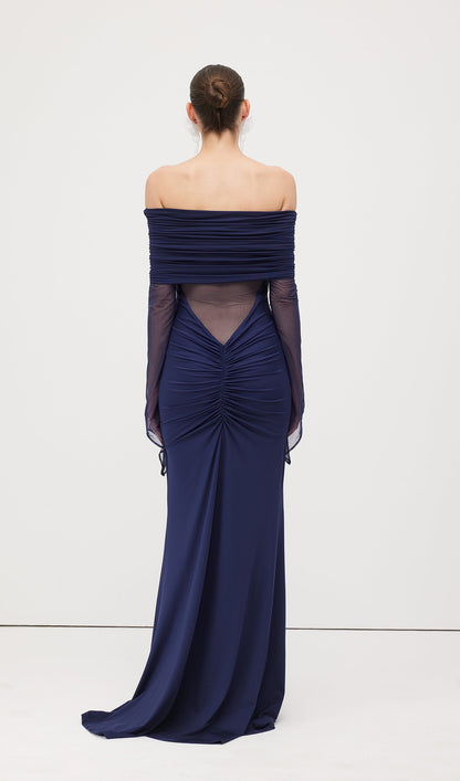 One Shoulder Slinky Ruched Maxi Dress-Blue