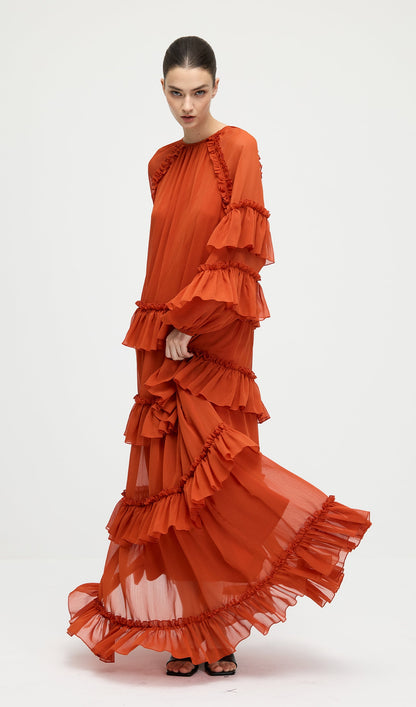 Ruffle Tiered Puff Sleeve Maxi Dress In Orange