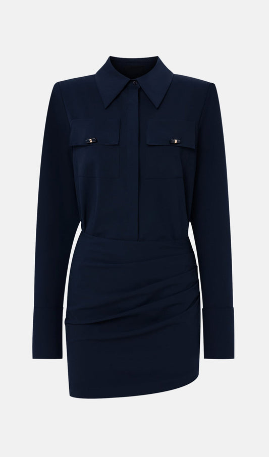 Lapel Collar And Draped Mini Dress Set In Black