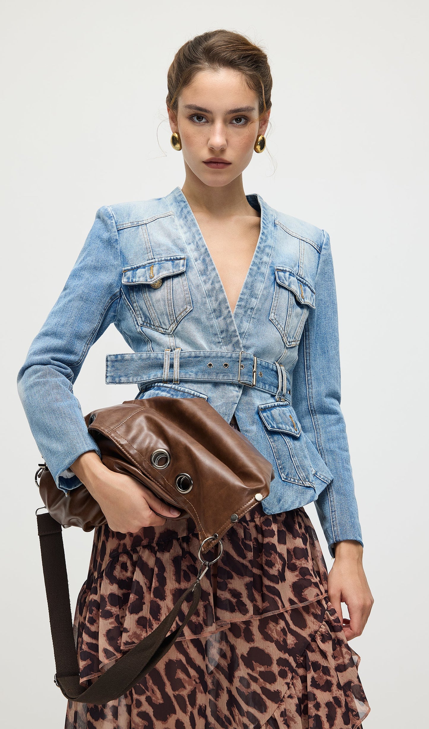 Solid V Neck Blue Denim Jacket With Belt
