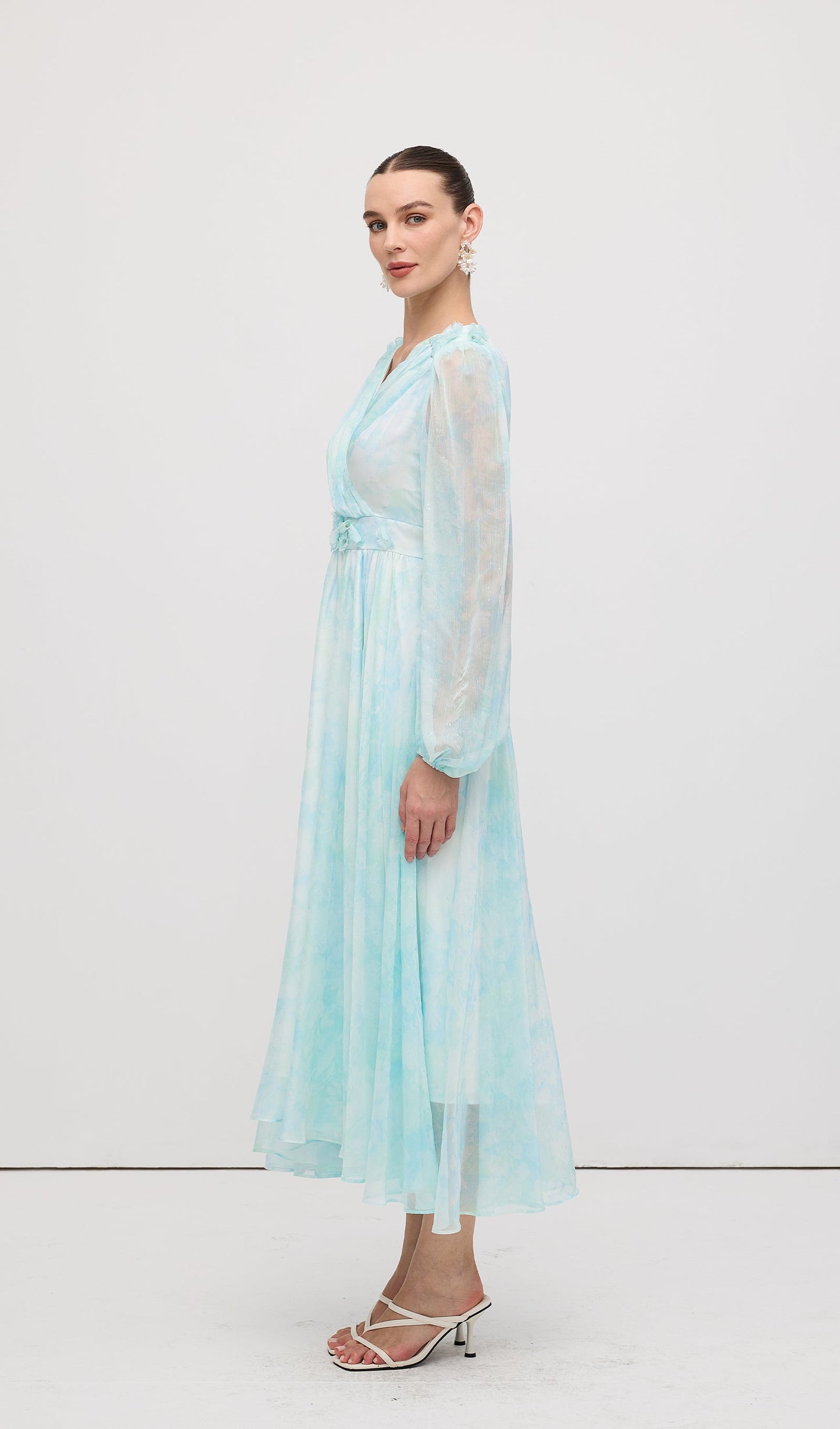 V Neck Ruched Waist Pleated Midi Dress