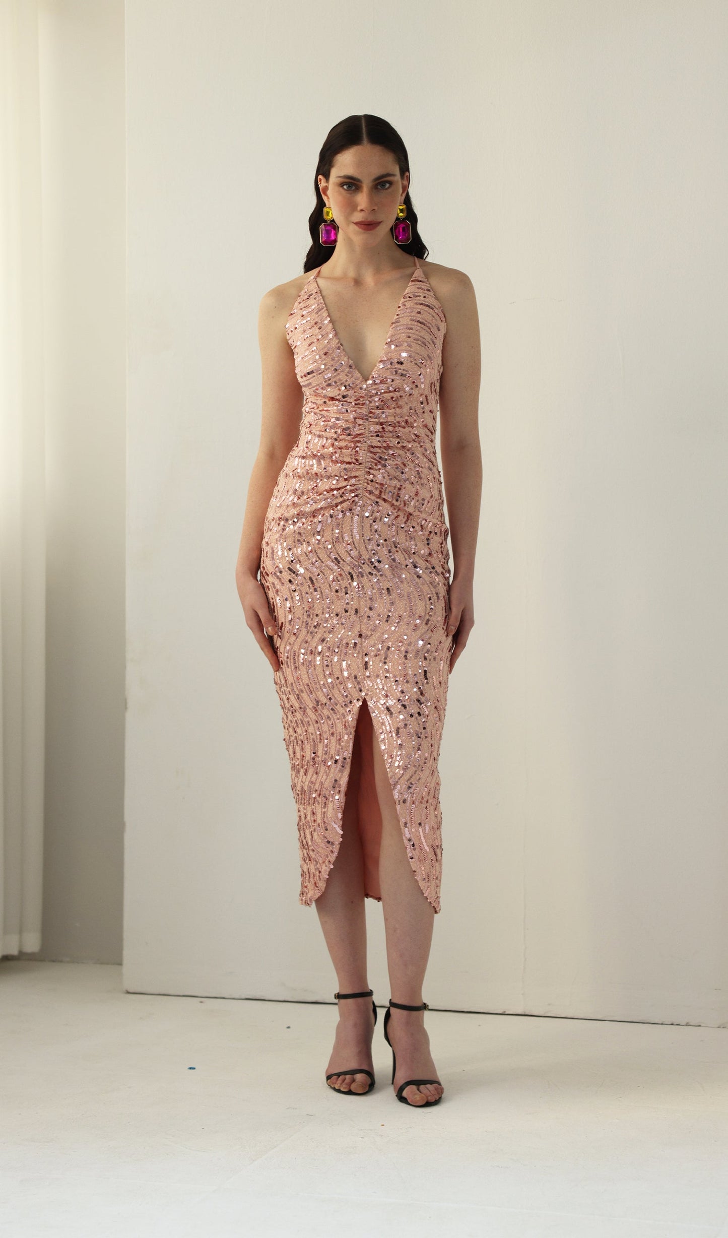 Diamante Ruched Midi Dress Pink