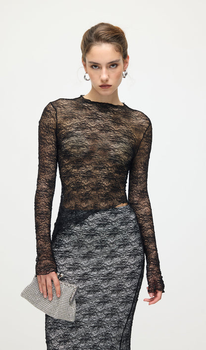 Sheer Lace Top & Maxi Skirt Sets In Black