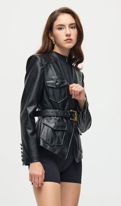 Button Belted Leather Jacket In Black