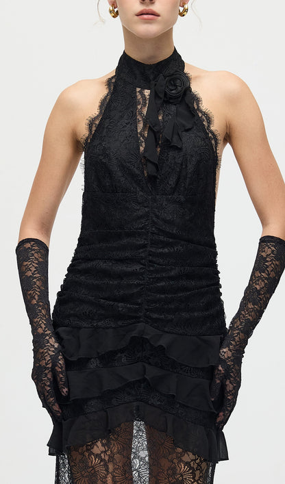 V Neck Ruffled Lace Maxi Dress