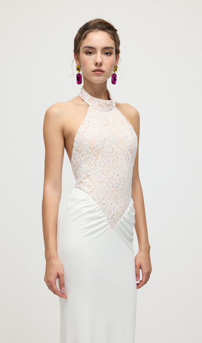 Gathered Lace Jersey Halterneck Dress