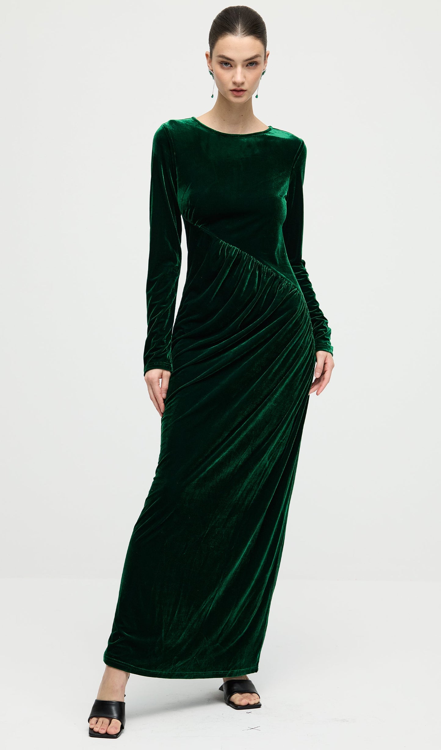 Long Sleeved Gathers  Maxi Dress In Dark Green