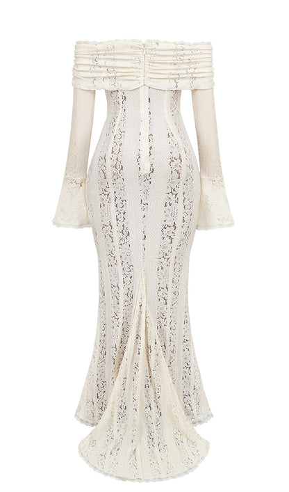 Vintage Floral Lace Off Shoulder Maxi Dress