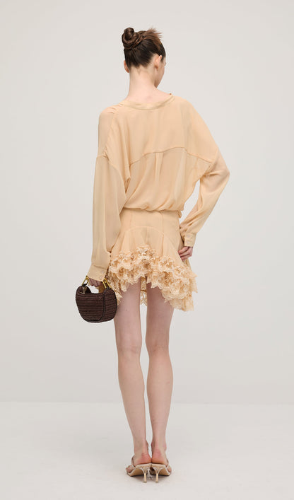 Long Sleeves Layered Folds Mini Dress