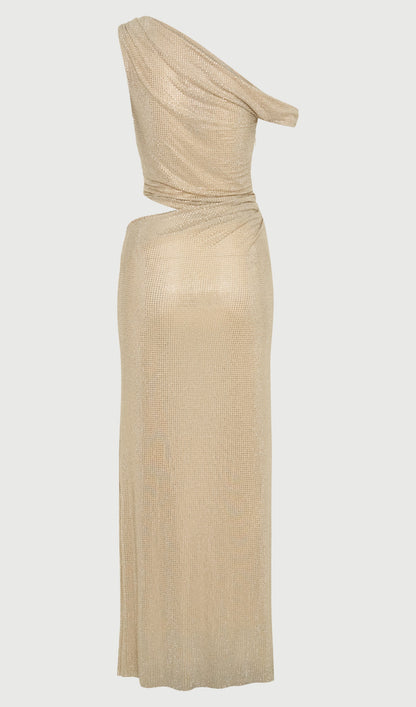 Diamante One Shoulder Maxi Dress In Gold
