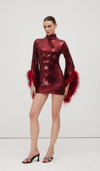 Feather Trimmed Sequined Mini Dress