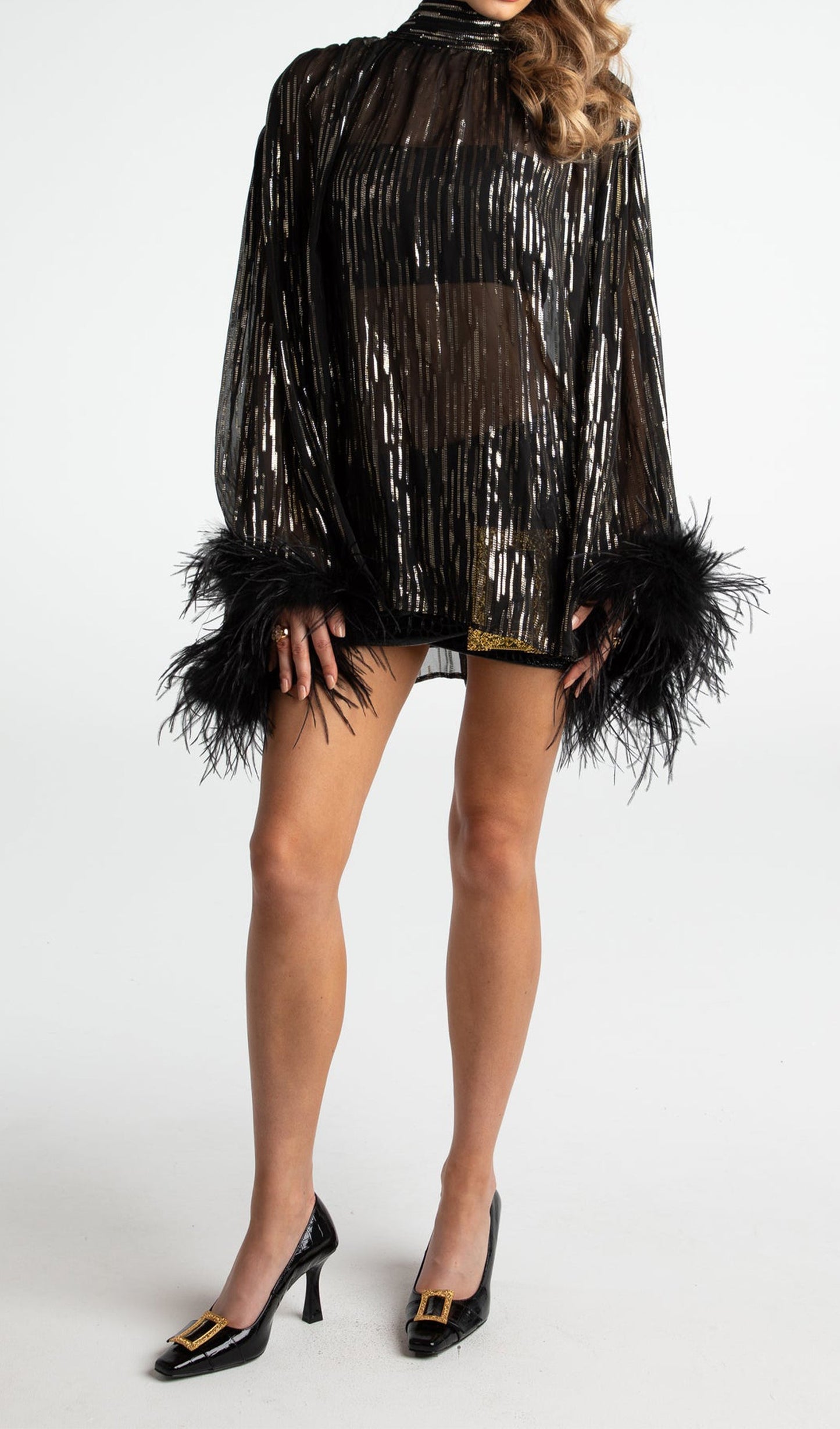 Feather Top & Leather Mini Skirt In Black