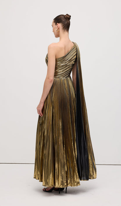 Pleated Metallic One Shoulder Maxi Dress