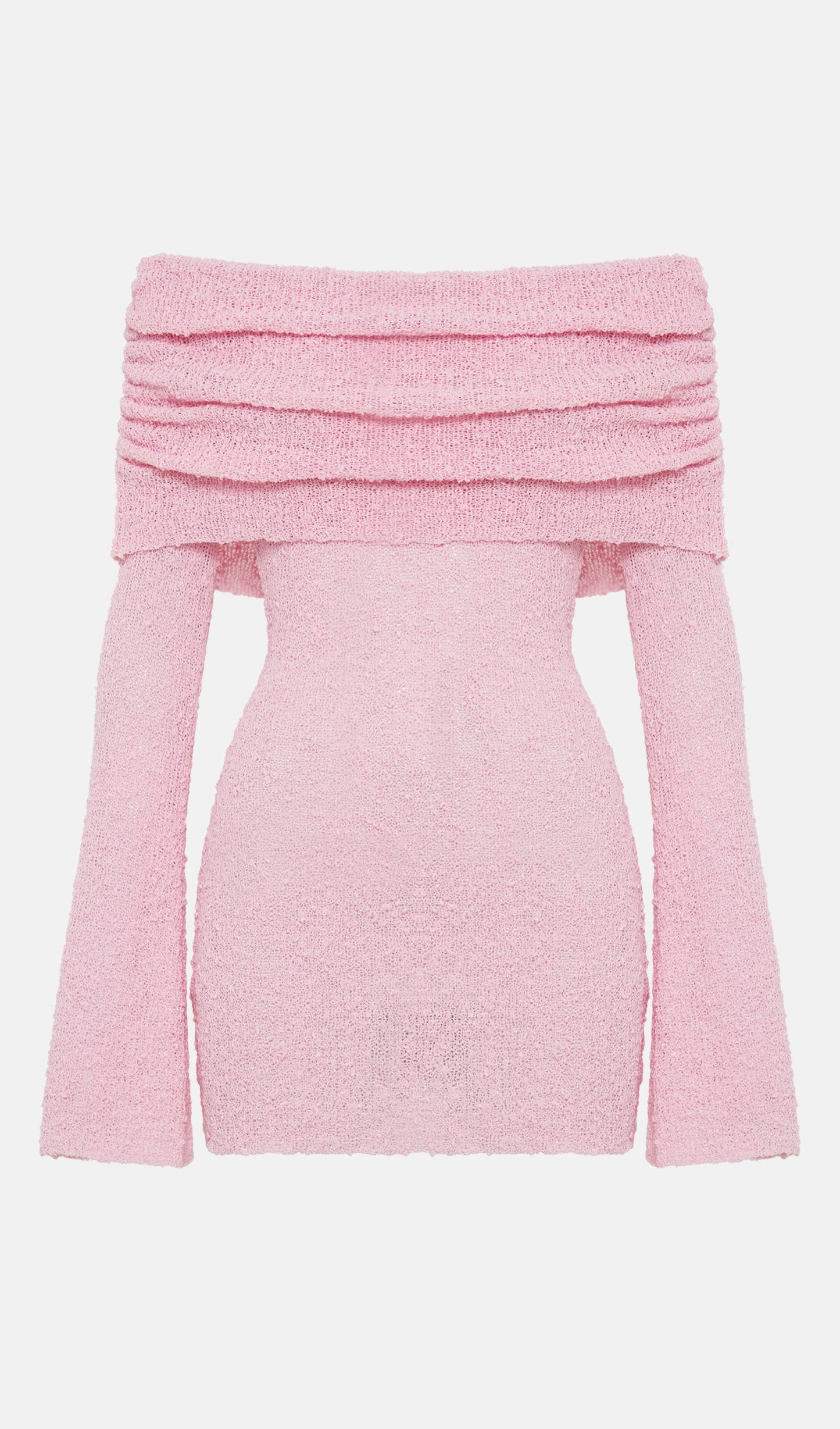 Off Shoulder Boucle Knit Mini Dress In Pink