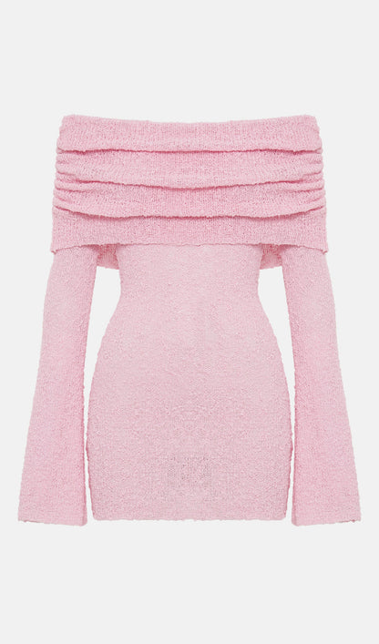 Off Shoulder Boucle Knit Mini Dress In Pink