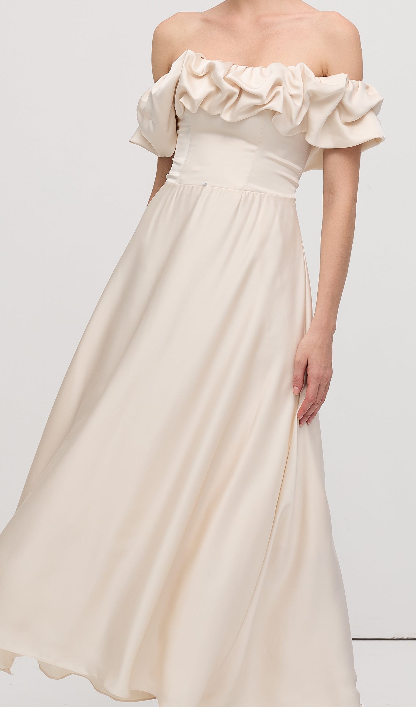Off Shoulder Ruffle Satin Midi Dress