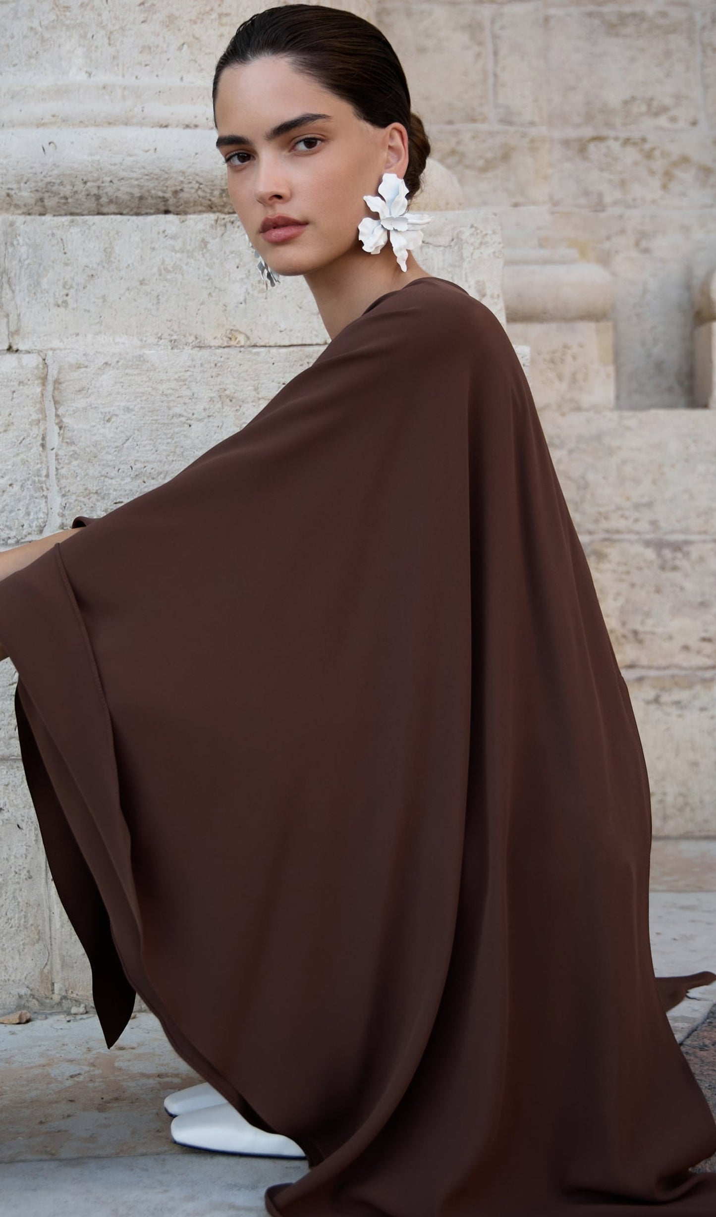 Mini Dress With Flowing Cape In Brown