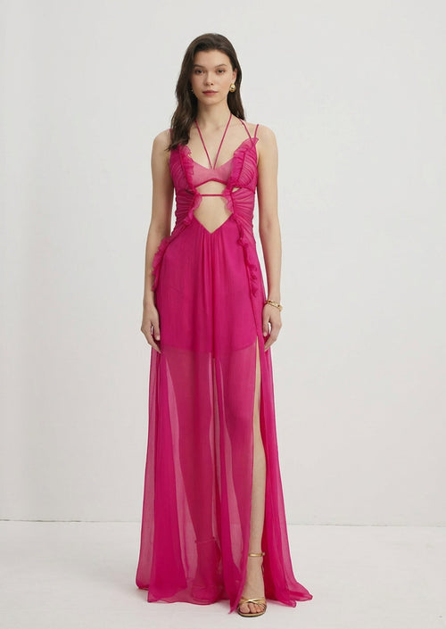 Semi Sheer Silk Slit Maxi Dress