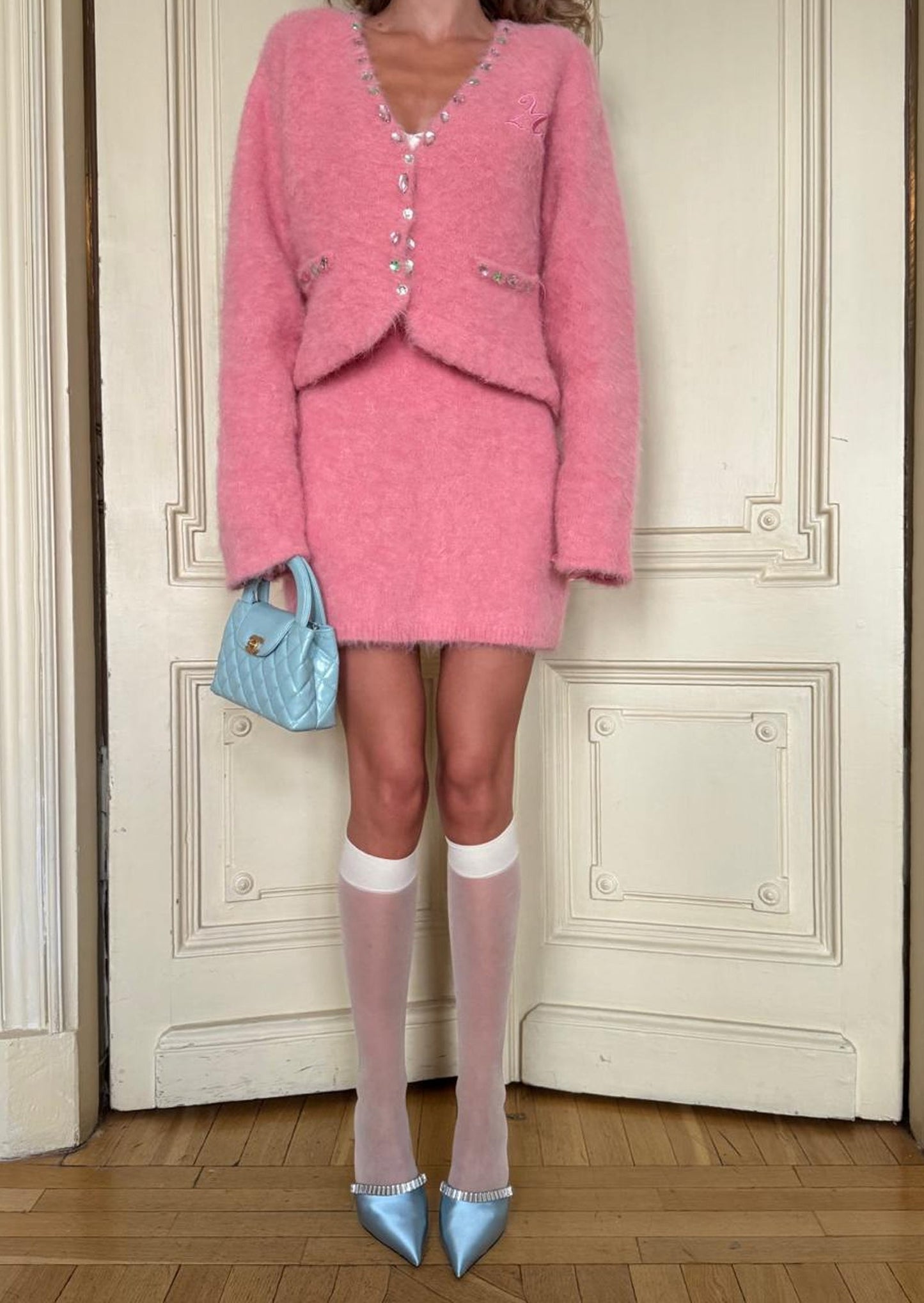 Fluffy Knitted Cardigan & Mini Skirt Set Pink