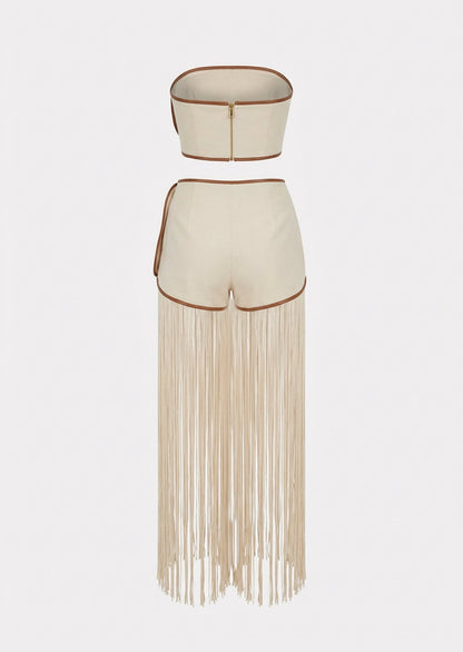 Linen Off Shoulder Top & Fringe Shorts Set