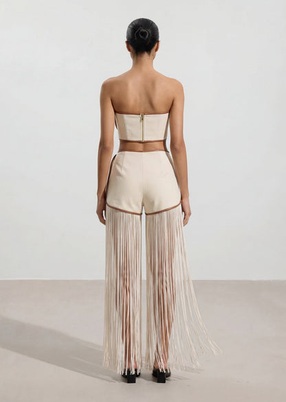 Linen Off Shoulder Top & Fringe Shorts Set
