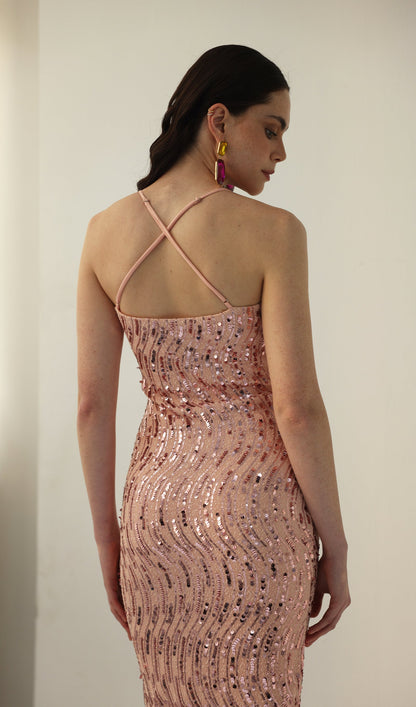 Diamante Ruched Midi Dress Pink