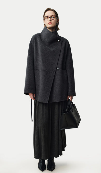 Asymmetrical Woo Cashmere Belted Coat In Grey