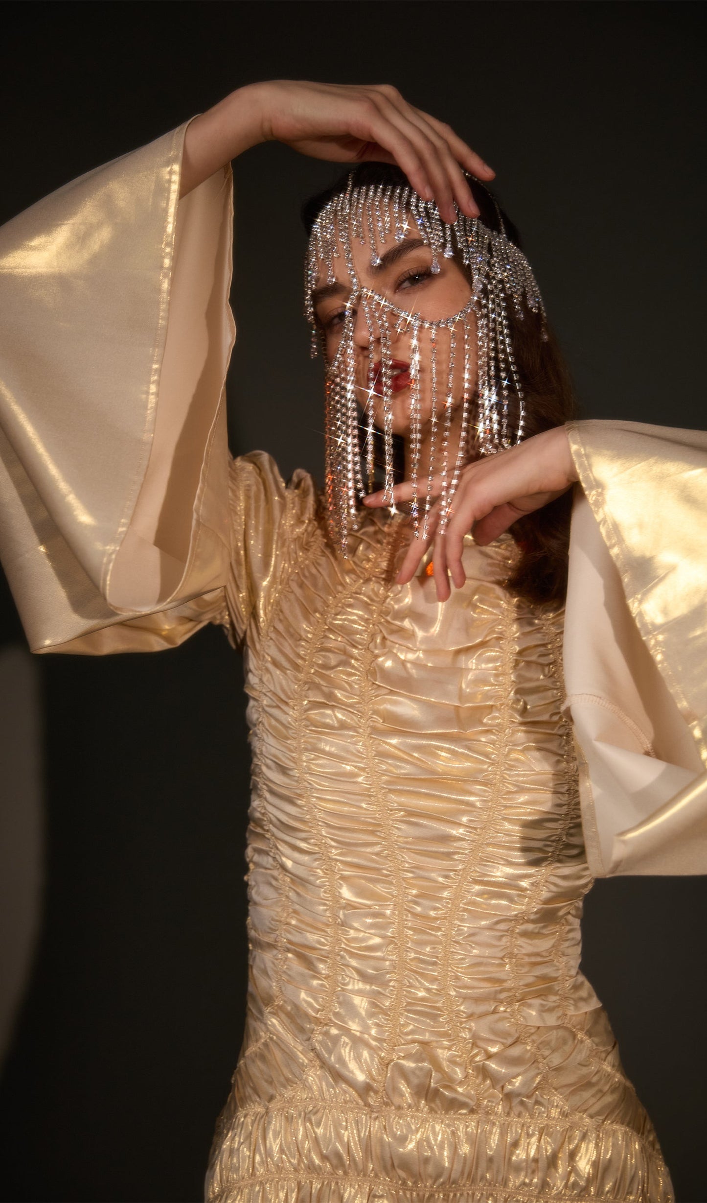 Solid Metallic Elasticated Gathers Maxi Dress