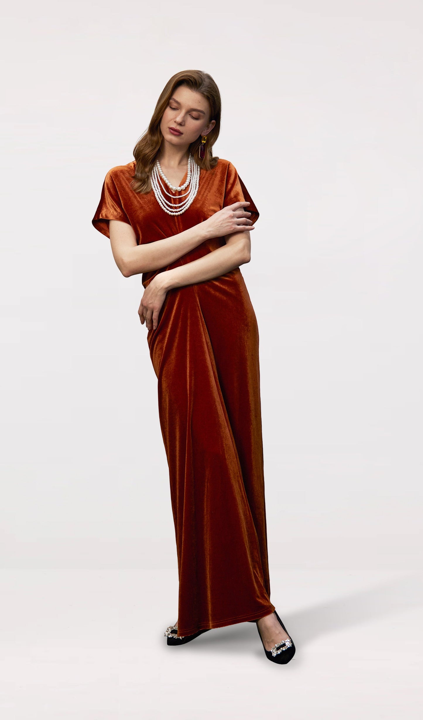 Bias-Cut Velvet Maxi Dress-Copper