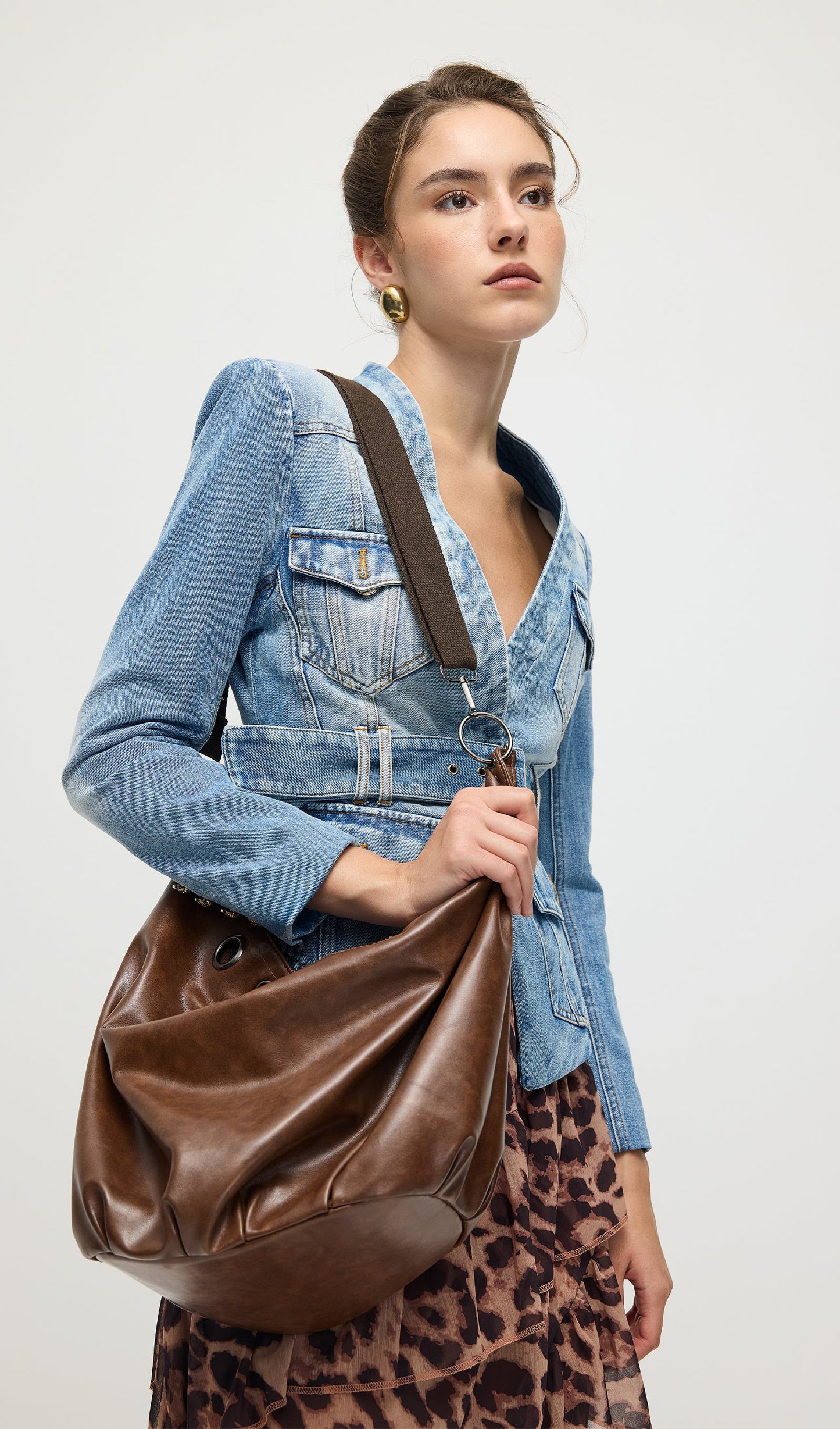 Solid V Neck Blue Denim Jacket With Belt