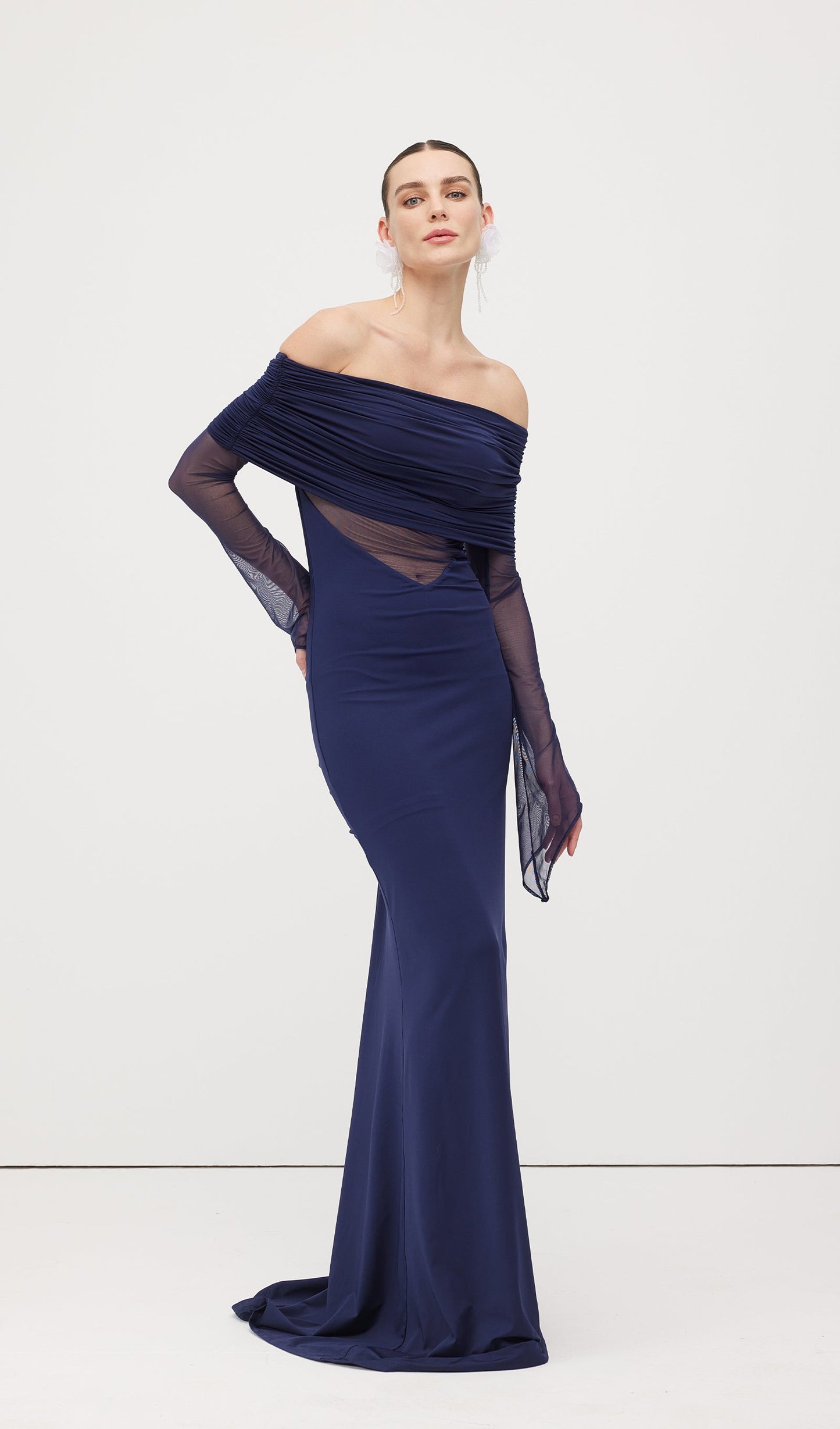 One Shoulder Slinky Ruched Maxi Dress-Blue