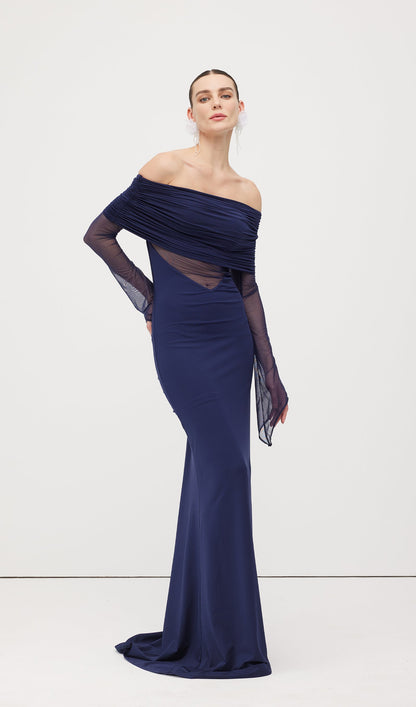 One Shoulder Slinky Ruched Maxi Dress-Blue