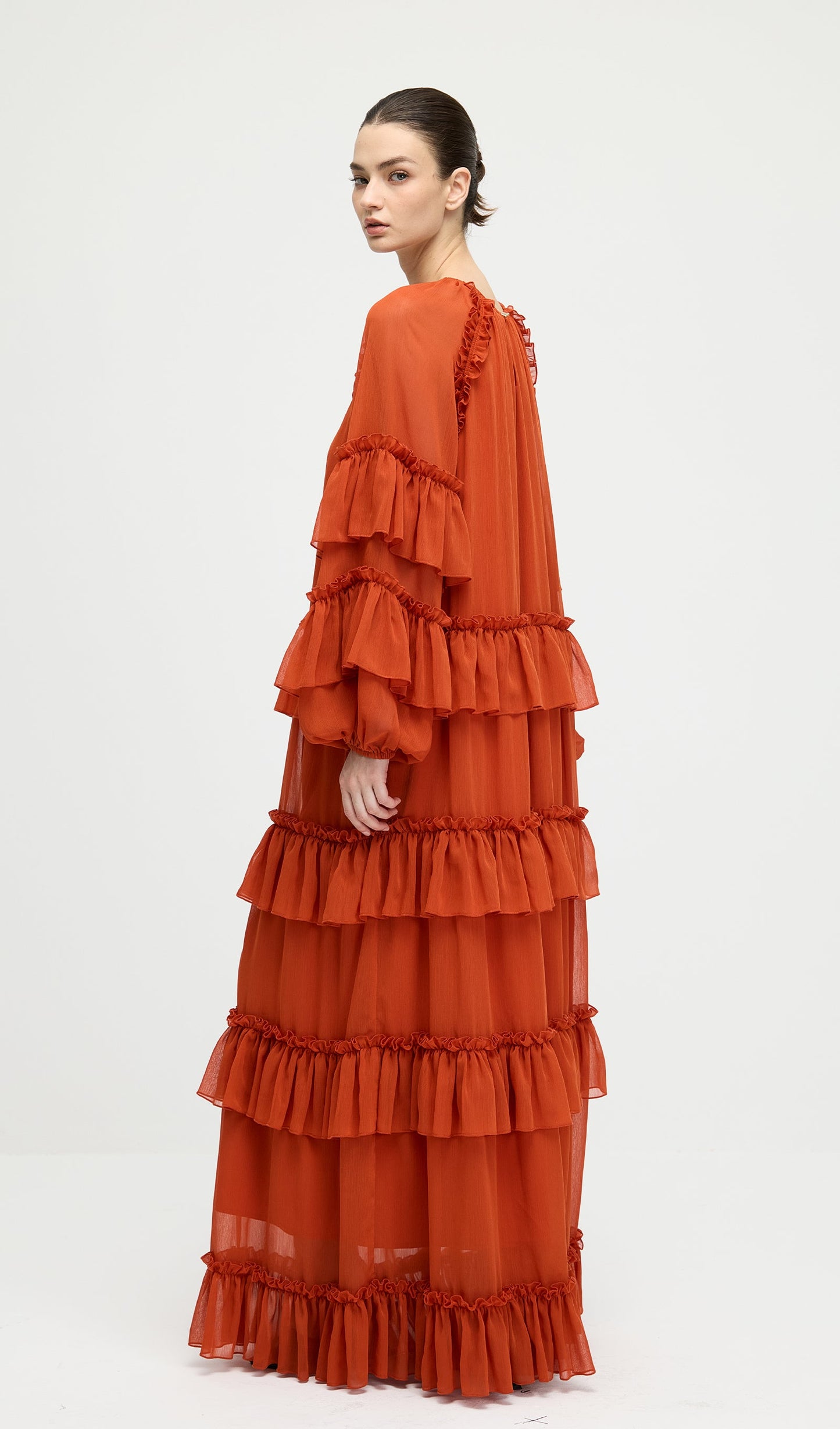 Ruffle Tiered Puff Sleeve Maxi Dress In Orange