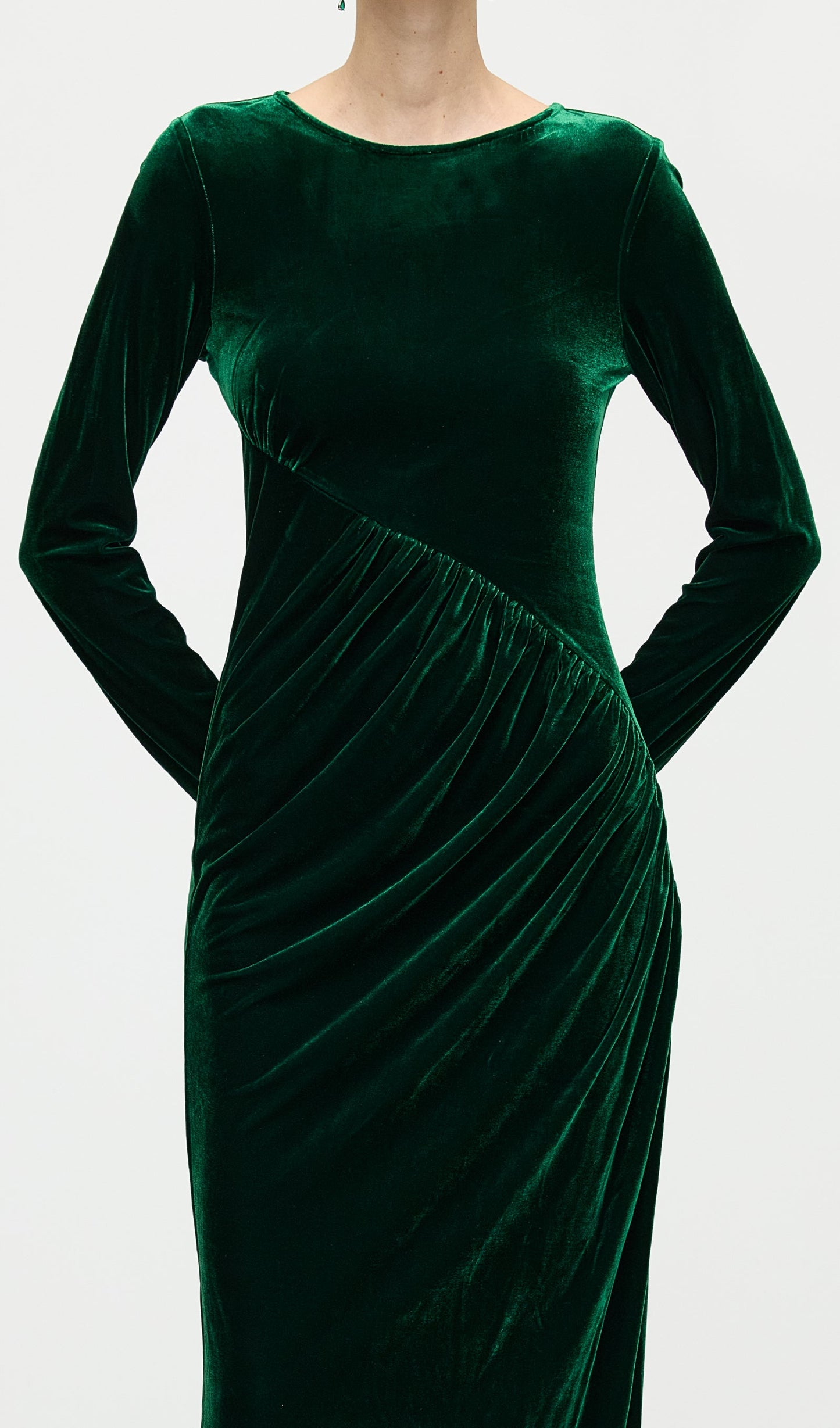 Long Sleeved Gathers  Maxi Dress In Dark Green