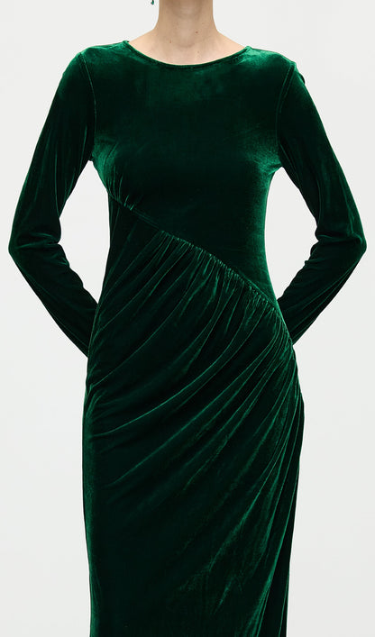 Long Sleeved Gathers  Maxi Dress In Dark Green