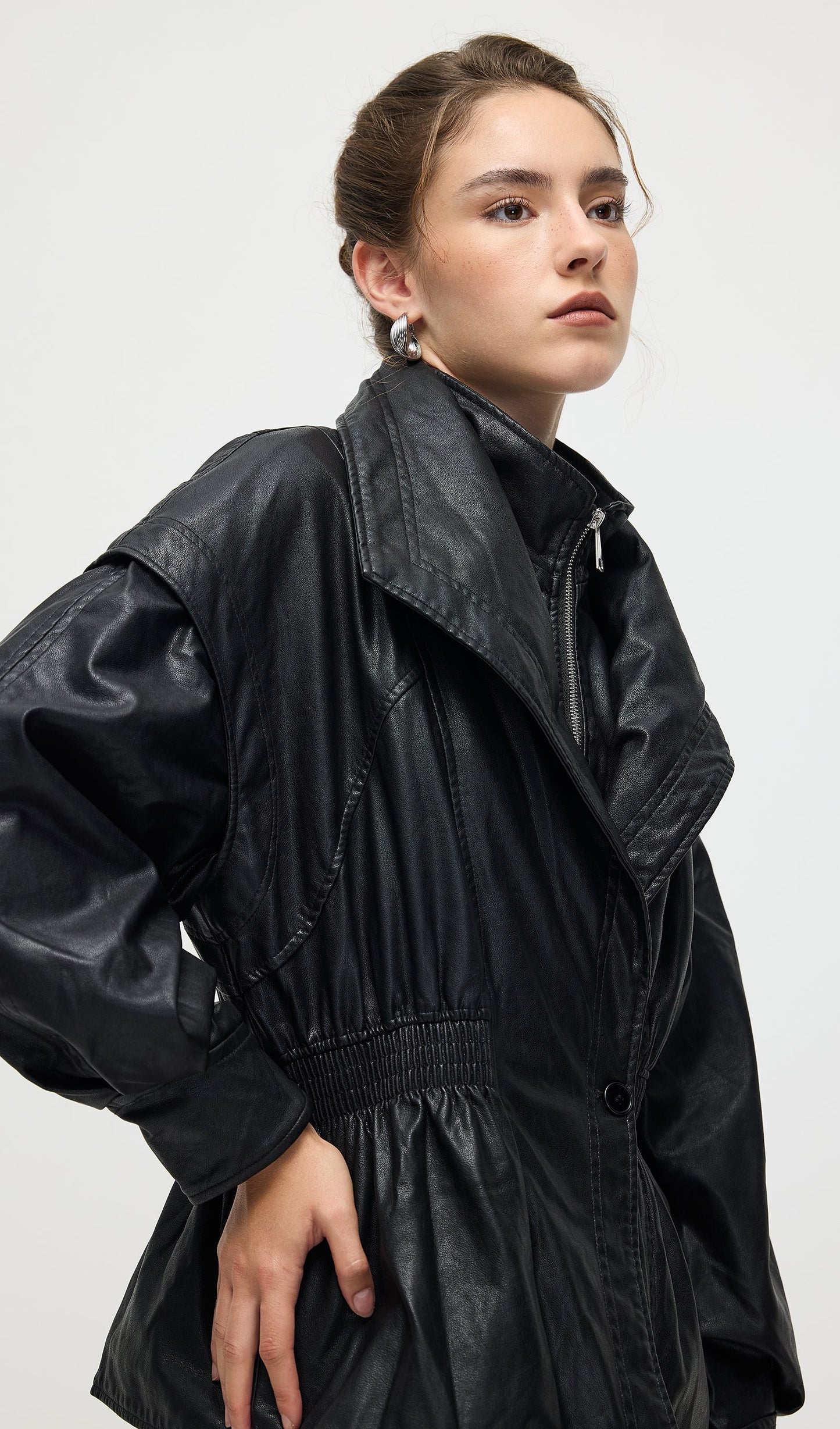 Waisted Lapel Leather Jacket In Black