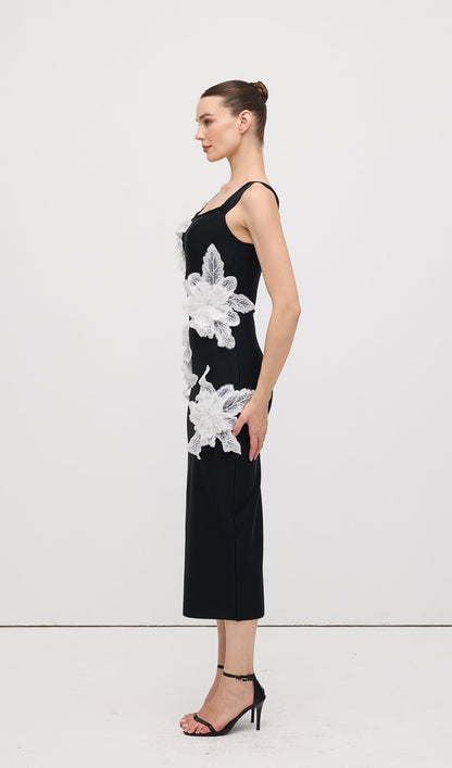 Sleeveless Diamond Flower Bandage Midi Dress