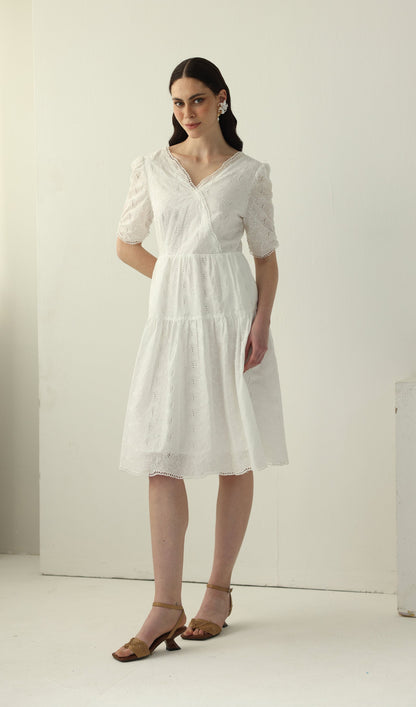 V Neck Midi Dress In White