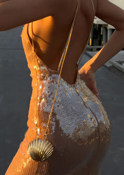 Elastic Mesh Sequin Deep V Neck Maxi Dress