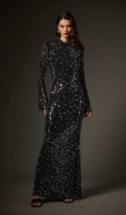 Rhinestone-Embellished Mesh Maxi Dress
