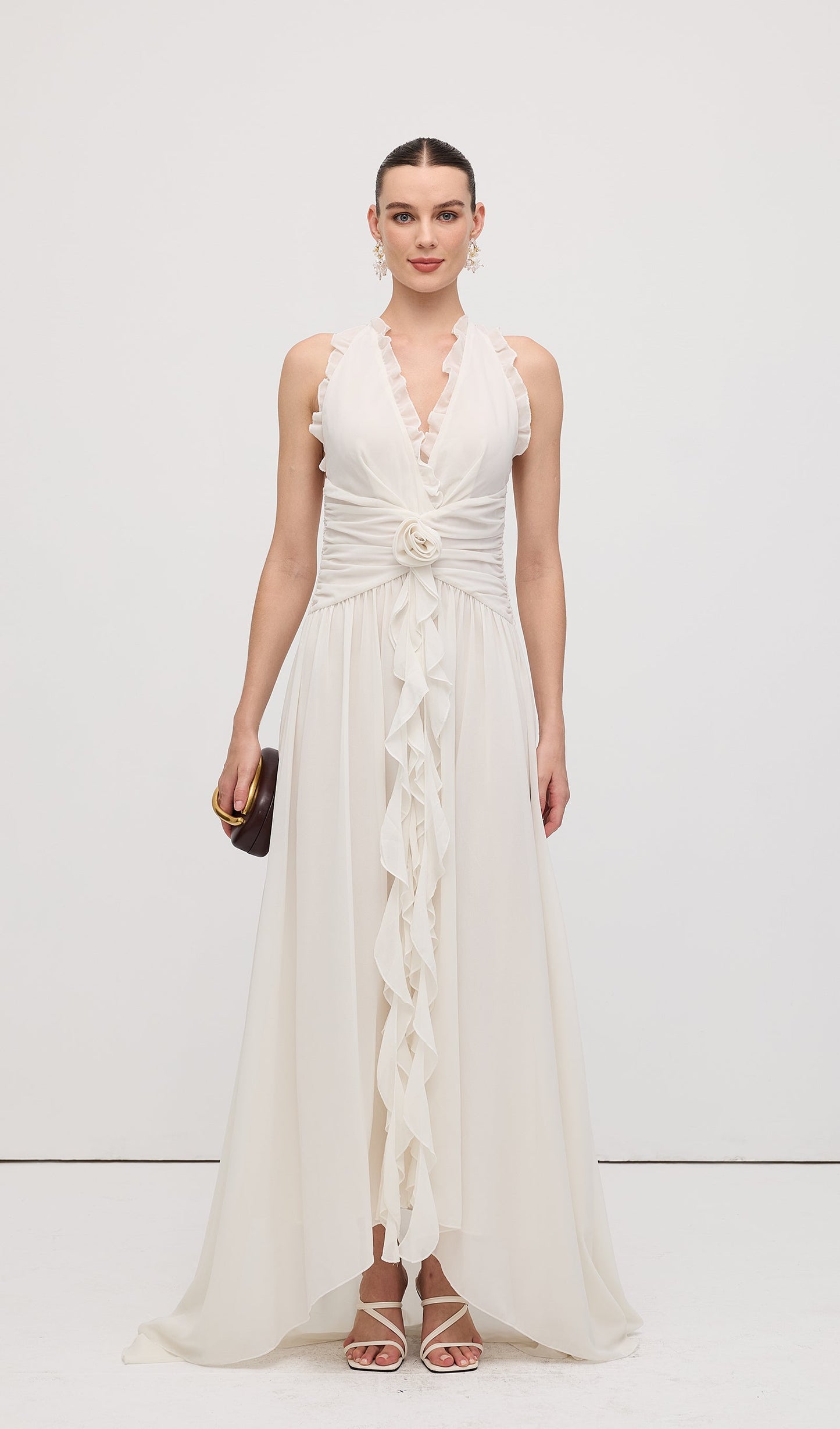 Halter Ruffles Rose Decoration Maxi Dress White