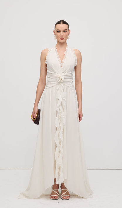 Halter Ruffles Rose Decoration Maxi Dress White