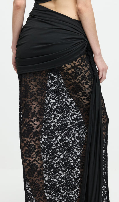 Asymmetric Lace Cut Out Draped Maxi Dress