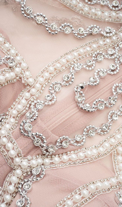 Long Sleeve Beads Pearls Mesh Maxi Layered Dress