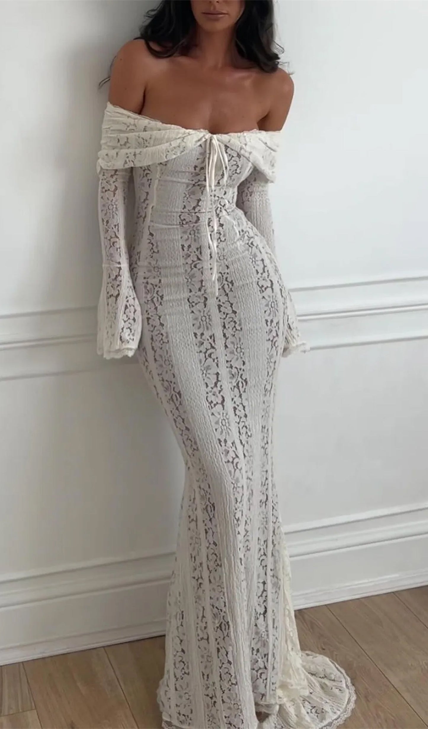 Vintage Floral Lace Off Shoulder Maxi Dress