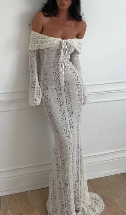 Vintage Floral Lace Off Shoulder Maxi Dress