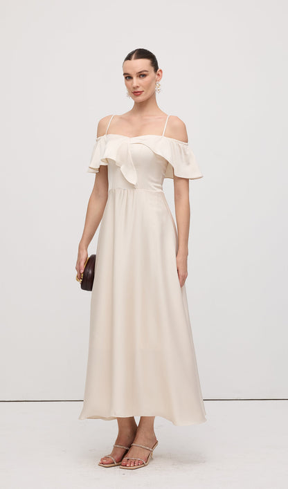 Ruffle Satin Midi Dress