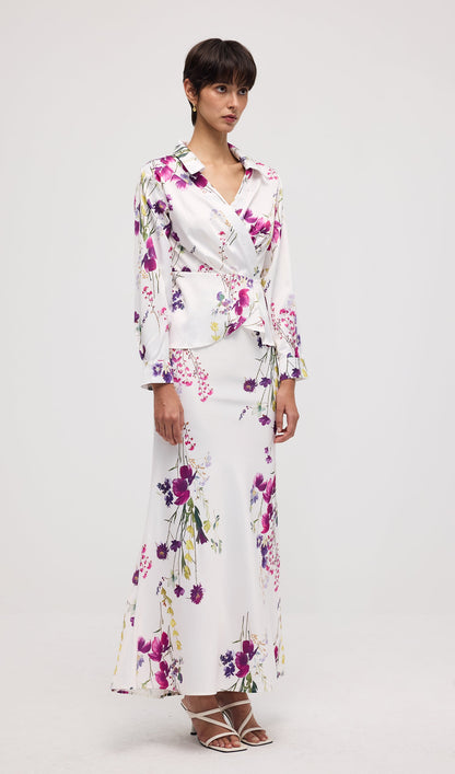 Floral Print Satin Maxi Skirt Two Piece Sets