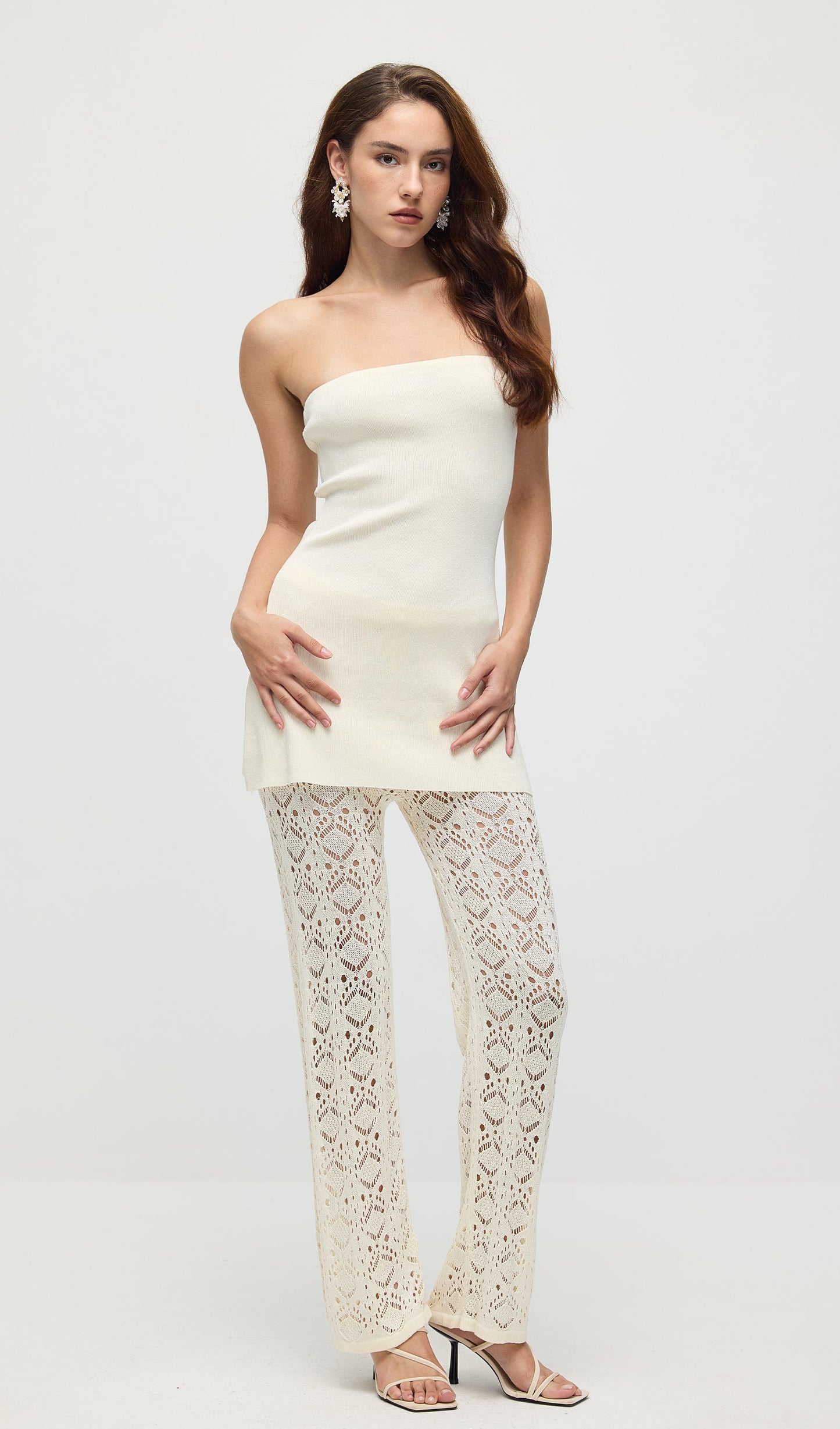 Bandage Knit Top & Crochet Knit Pants In Ivory
